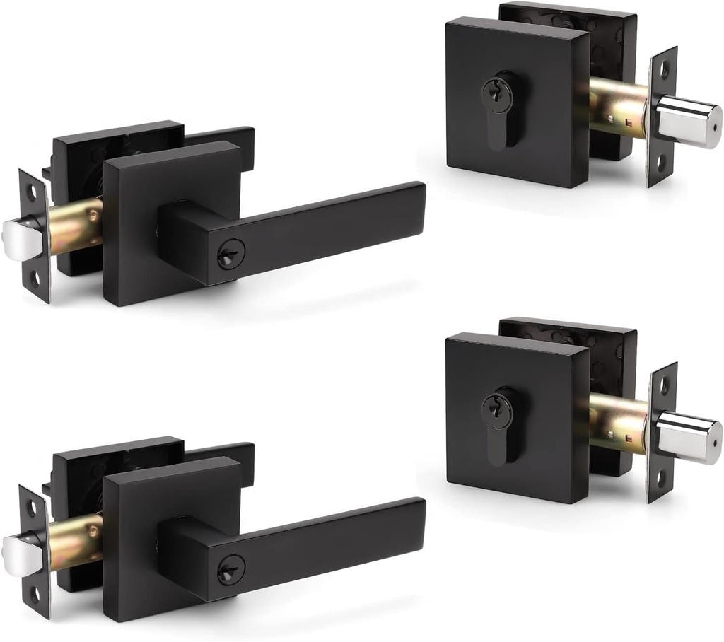 2 Pack Keyed Entry Door Lever and Double Cylinder Deadbolt Set, Keyed Alike Reversible Lockset, Matte Black Square Interior/Exterior Handleset for Bedroom, Front Door