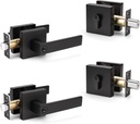 2 Pack Keyed Entry Door Lever and Double Cylinder Deadbolt Set, Keyed Alike Reversible Lockset, Matte Black Square Interior/Exterior Handleset for Bedroom, Front Door