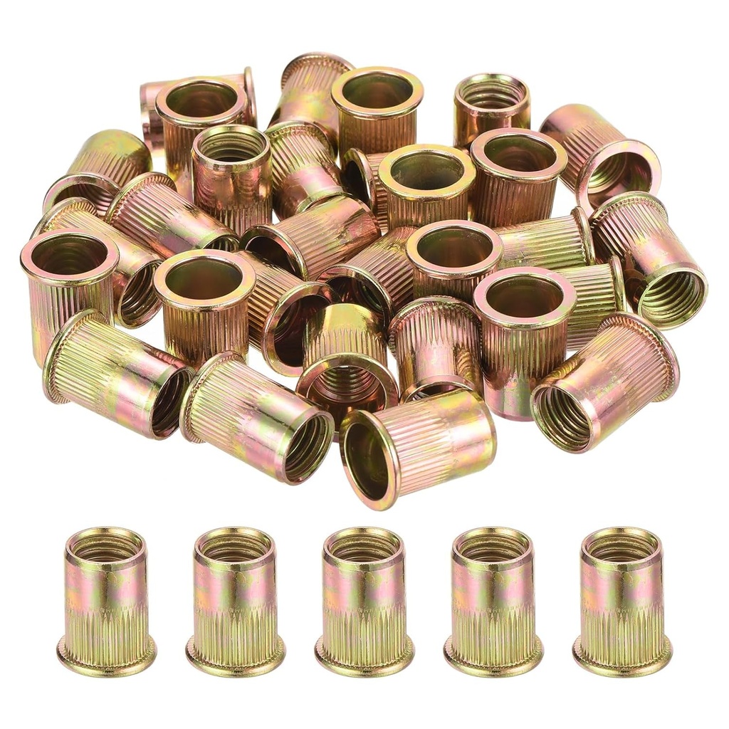 Uxcell 100Pcs Rivet Nuts Flat Head, M12-1.75 Carbon Steel Threaded Insert Nuts Knurled Body Zinc Plated Finish