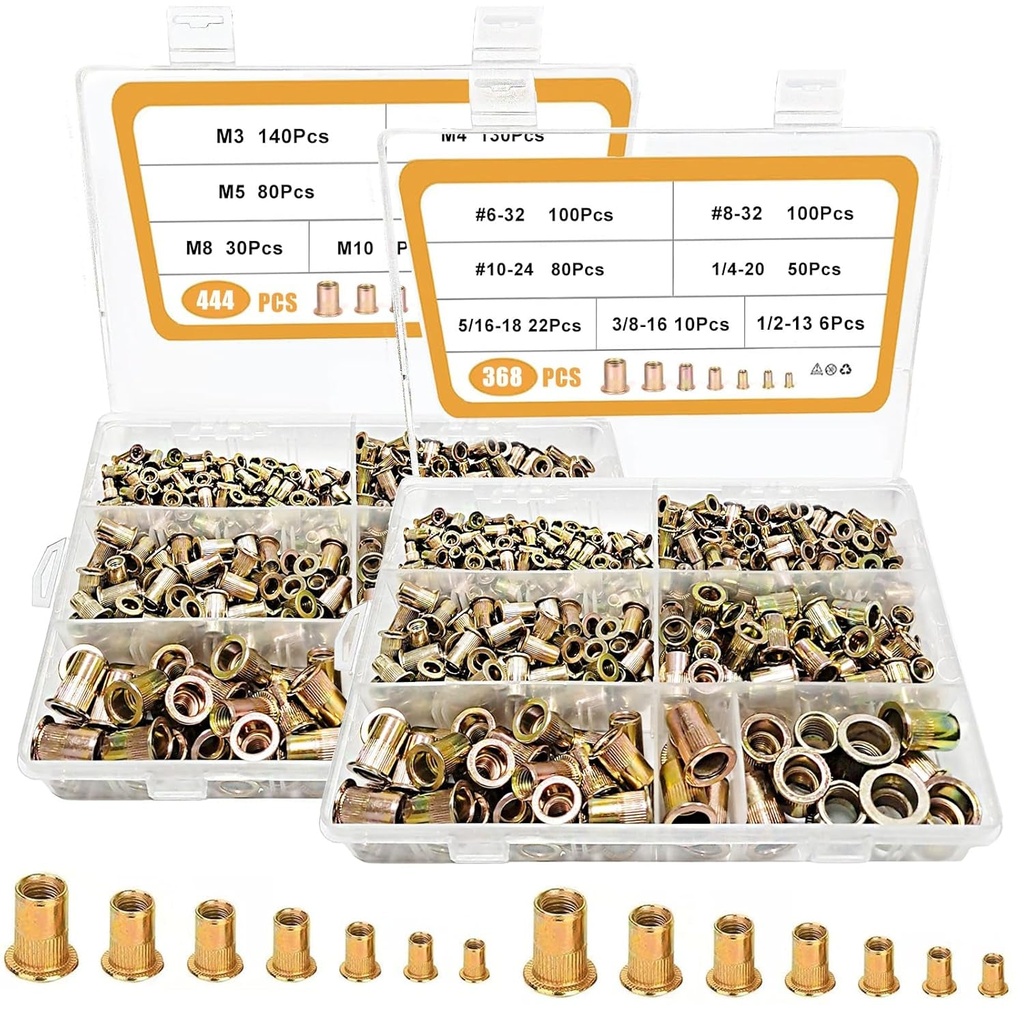 812Pcs Rivet Nut Kits, SAE & Metric Carbon Steel Rivnuts & Nutsert Assortment, Sizes 6-32 8-32 10-24 1/4"-20 3/8"-16 5/16"-18 1/2"-13 M3 M4 M5 M6 M8 M10 M12