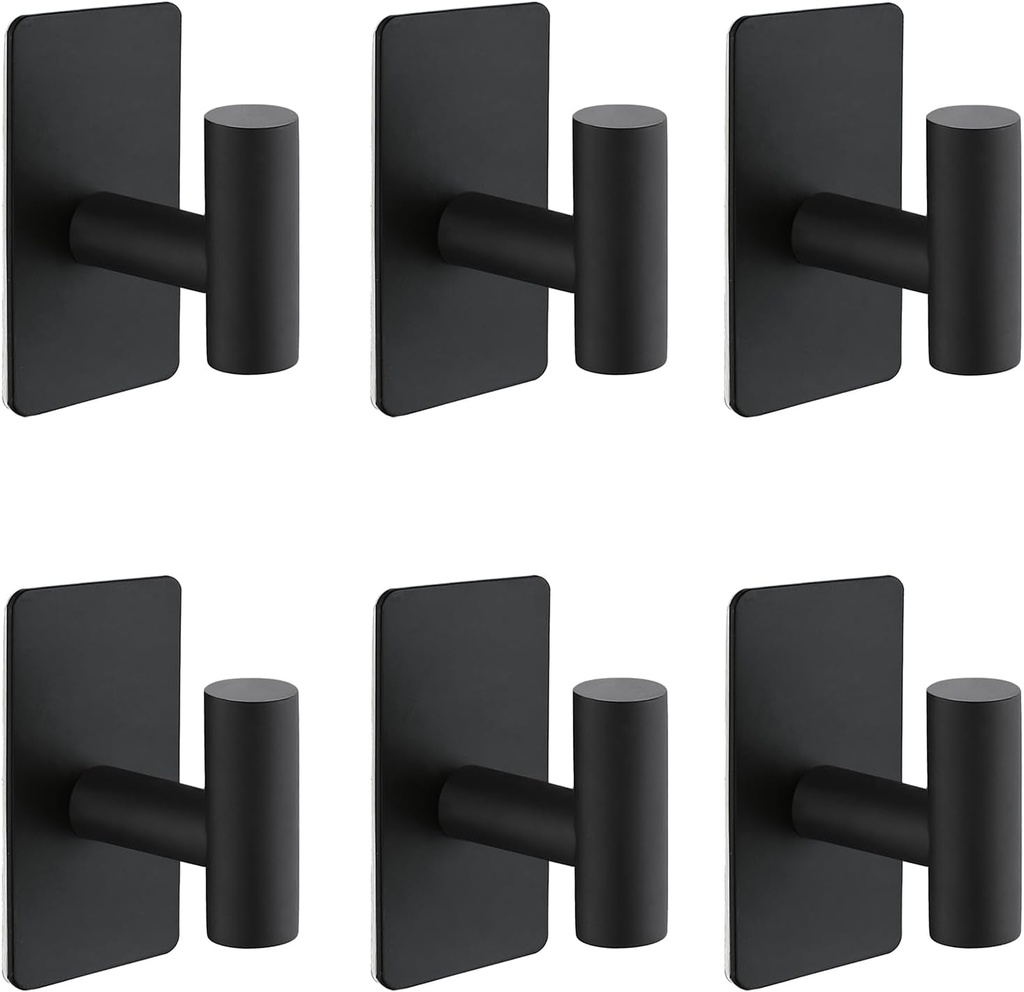 Nolimas Adhesive Towel Hooks, Heavy Duty Wall Hooks, Towel Hooks for Bathrooms Adhesive, SUS304 Stainless Steel Waterproof Sticky Kitchen Hooks for Hanging Clothes,Towel,Coat, Robe, Matte Black, 6Pack