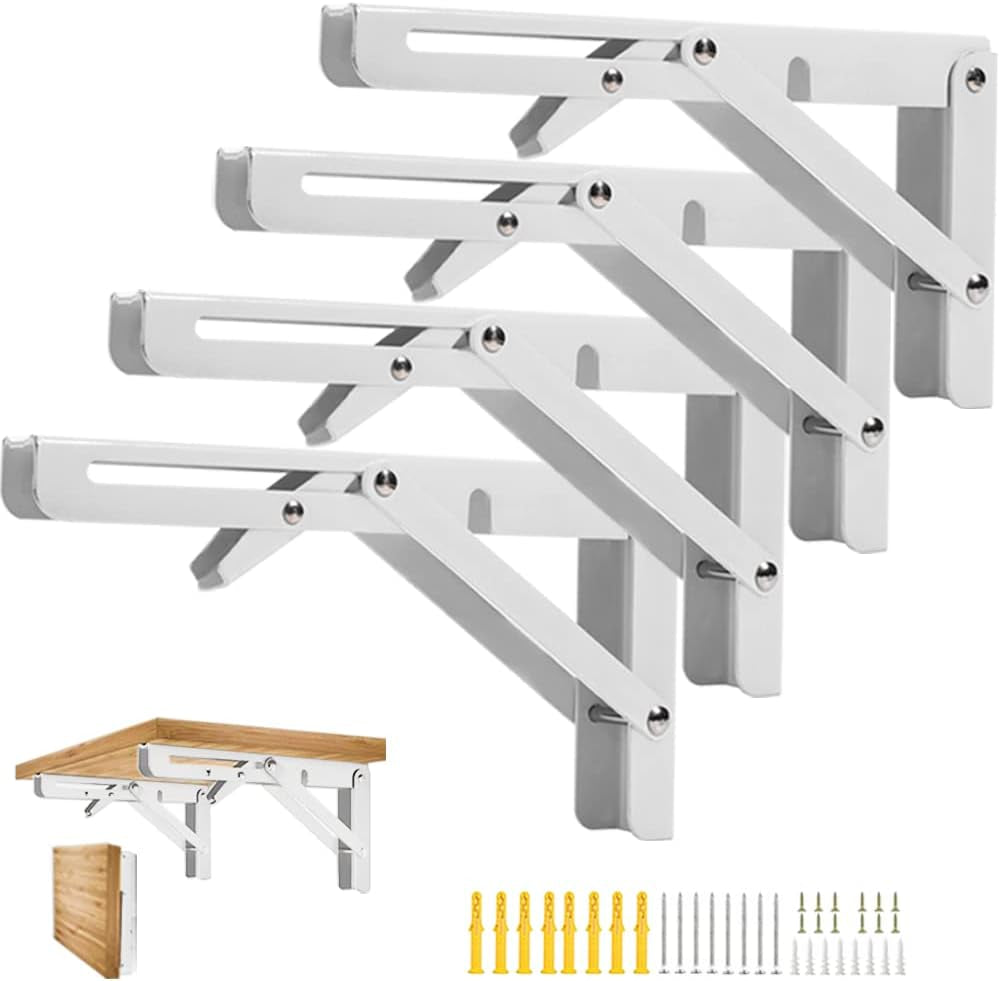 Folding Shelf Brackets, Folding Shelf Brackets Heavy Duty Stainless Steel Max. Load 550Lb Collapsible DIY Wall Mounted Shelf Bracket Space Saving for Table, Work Bench (16Inch - 4Pcs, White)