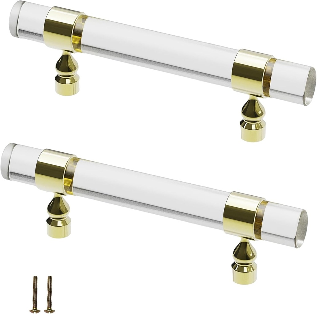 5 Pack Cabinet Handles Clear Acrylic Drawer Pulls with Gold Zinc Alloy Base 3.75 in Hole Center for Cupboard Wardrobe Closet 6 Inch Long Kitchen Cabinet Door Handles