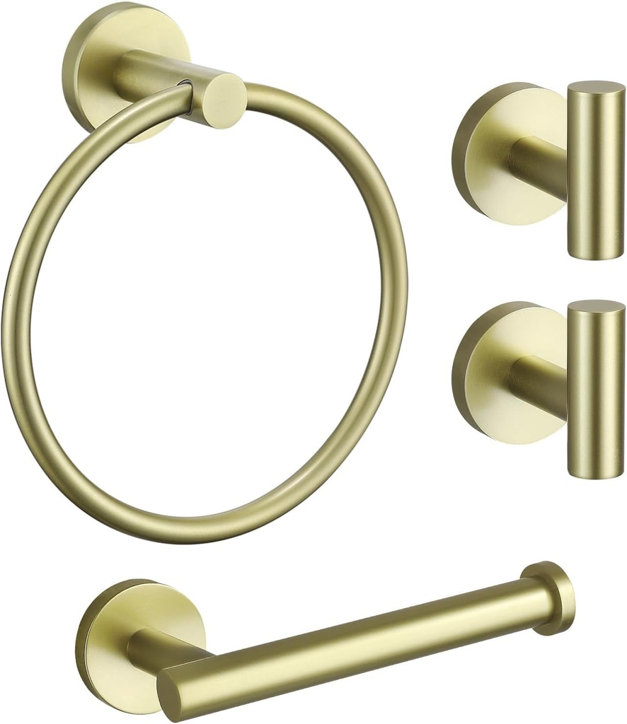 TURS Brushed Gold Towel Ring Toilet Paper Holder Towel Hooks 4-Pieces Bathroom Towel Holder Set SUS304 Stainless Steel Bathroom Accessories Kit Wall Mounted