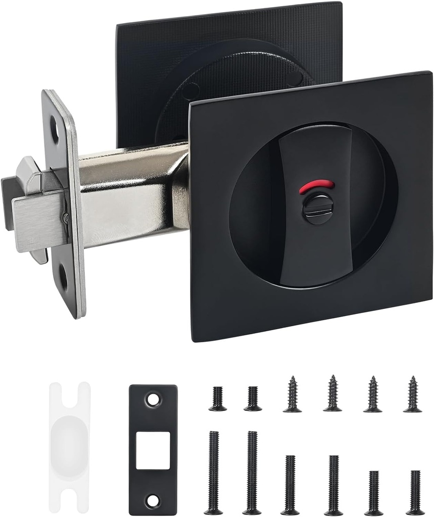 Square Pocket Door Lock with Color Coded Indicator, Pocket Door Hardware,Pocket Door Latch, Matte Black Privacy Pocket Door Hardware for Home, Bathroom and Bedroom.