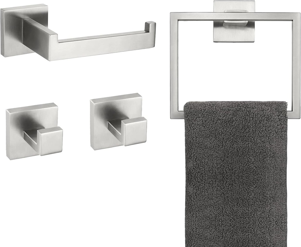 KOKOSIRI 4-Piece Bathroom Hardware Set Bath Accessories Set, Towel Ring, Toilet Paper Holder, Robe Hook X 2, Stainless Steel, Wall Mounted, Brushed Steel, B09S4-BR