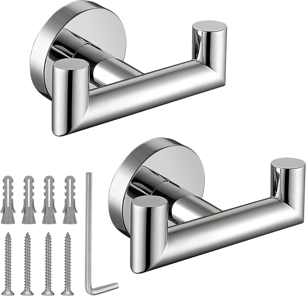 Towel Hooks for Bathrooms,Polished Chrome Towel Hook for Kitchen Bathroom,Sus304 Stainless Steel Coat Hook,Heavy Duty Double Towels Holder Hooks for Hanging Towels,Coats,Clothes,Wall Mount,2 Pack