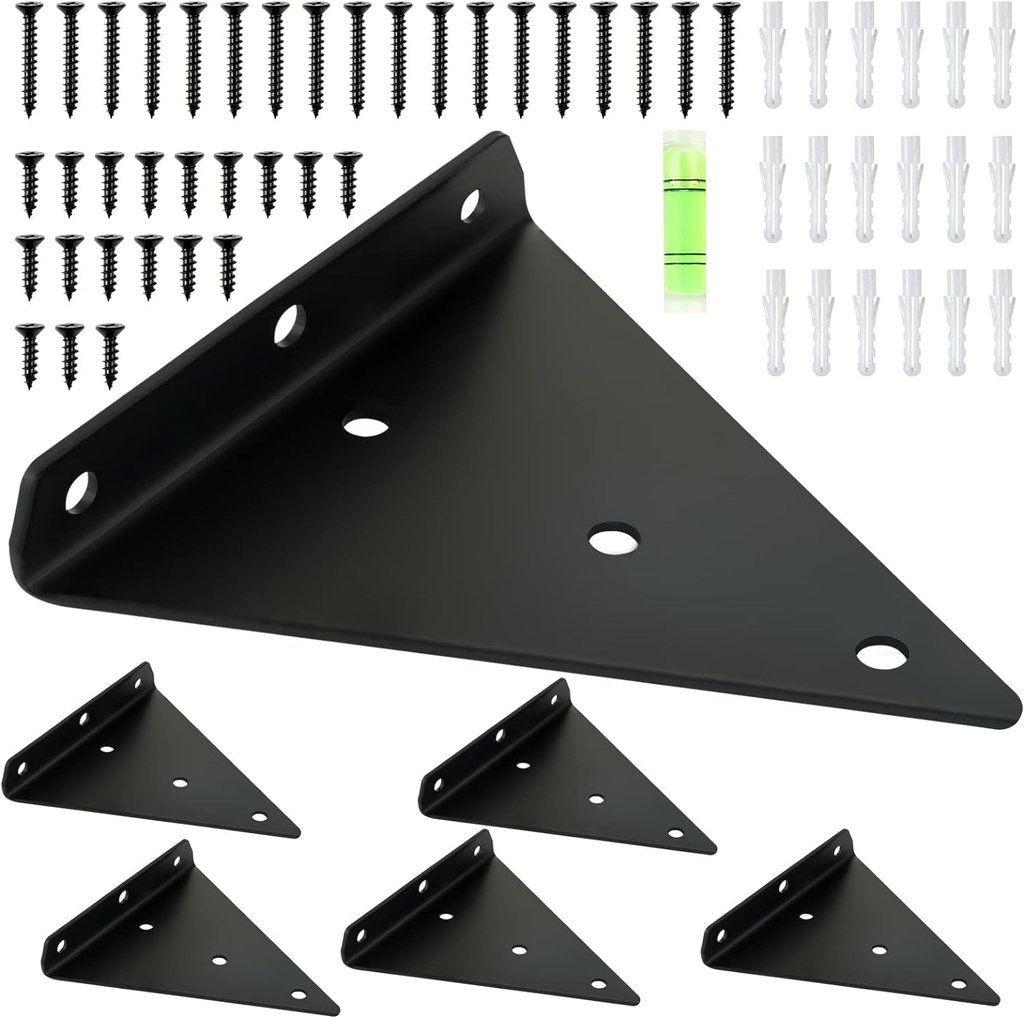 Shelf Brackets 9 Inch, Heavy Duty Extra Thick Floating Triangle Shelving Bracket 6 Pack for DIY Floating Shelf Hardware Corner Brace (Black)