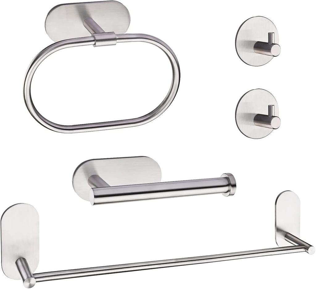Houseaid 5-Piece Self Adhesive Towel Holder Set for Bathroom, Adhesive Bathroom Hardware Accessories Including Towel Ring, Toilet Paper Holder, 18” Towel Bar and 2 Towel Hooks, Brushed Nickel