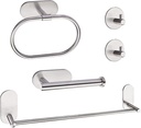 Houseaid 5-Piece Self Adhesive Towel Holder Set for Bathroom, Adhesive Bathroom Hardware Accessories Including Towel Ring, Toilet Paper Holder, 18” Towel Bar and 2 Towel Hooks, Brushed Nickel
