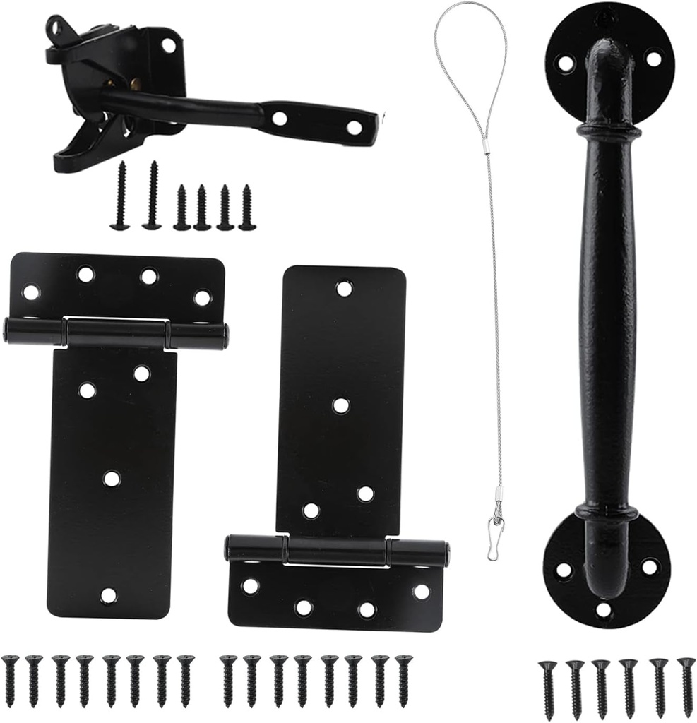 HOME MASTER HARDWARE Heavy Duty Gate Hinge Kit - 6 in Gate T Hinges 2 Pack + Self-Adjusting Gate Latch + 10 Inch Industrial Iron Gate Handle Black with Screws