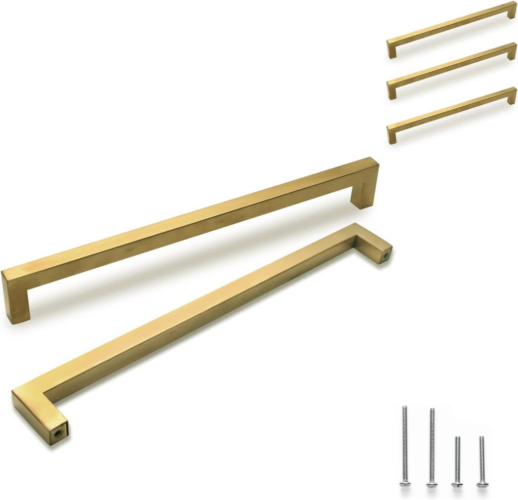 Toocust Brushed Brass Square Drawer Pulls 5 Pack, Modern Gold Cabinet Handles with 10 Inch (256Mm) Hole Centers, Kitchen Cabinet Hardware and Dresser Pulls