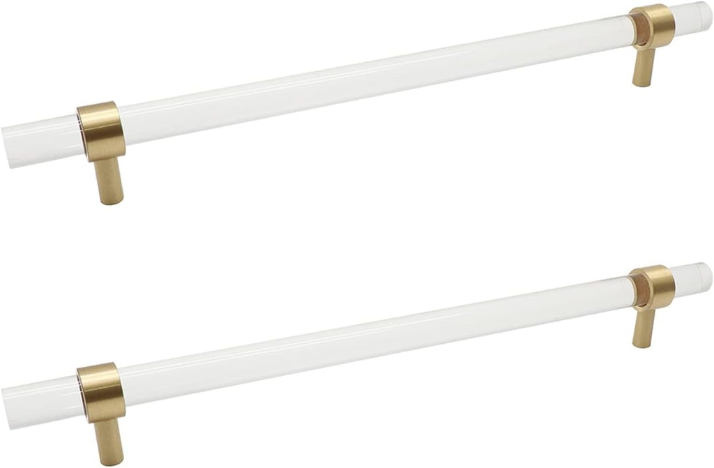 2Pcs Brushed Brass Acrylic Cabinet Pulls 9" Hole Center Modern Clear T-Bar Drawer Pulls Handles
