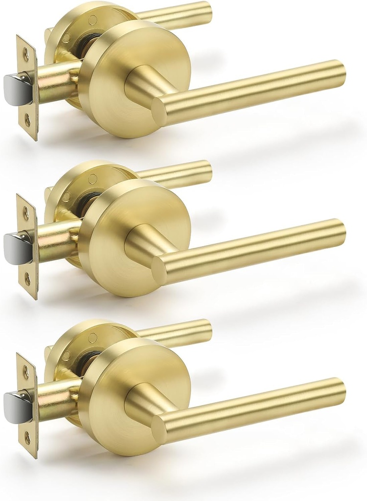 Haidms 3 Packs Passage Lever Door Handle Gold Door Levers, Heavy Duty Closet Door Handle,For Passage Hall and Closet Door Handle Lock, Left/Right Handing