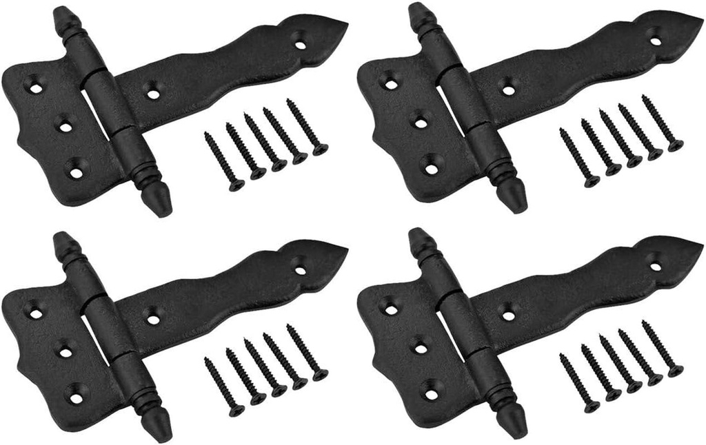 Renovators Supply Manufacturing Shed Door Hinge 5 In. Black Wrought Iron Antique Style Decorative Flush Mount Cast Iron Barn Door Shed Hinge with Hardware Pack of 4