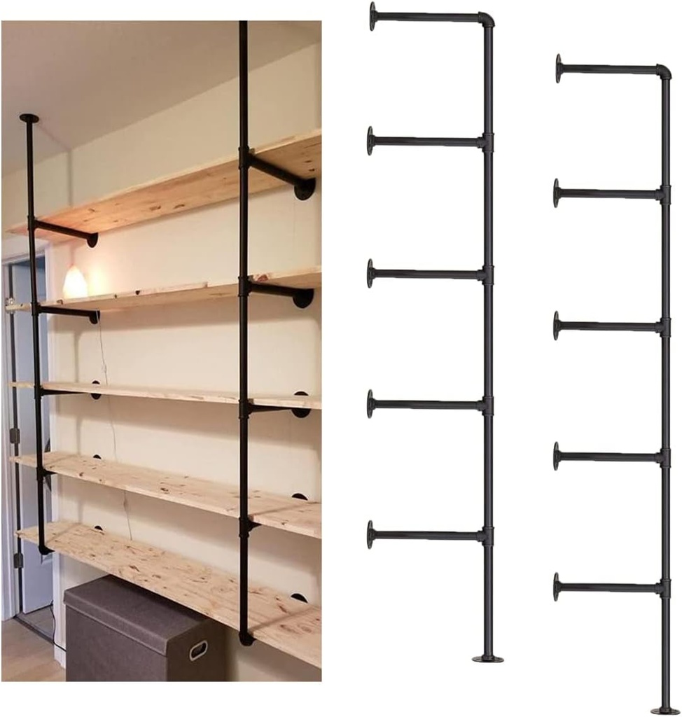 Industrial Wall Mount Iron Pipe Shelf, 5 Shelves Shelving Bracket Black Vintage Retro Ceiling Hung Shelf DIY Open Bookshelf Storage for Offcie Room Kitchen (2Pcsx5Tier,68" Tall,10"Deep,Hardware Only)