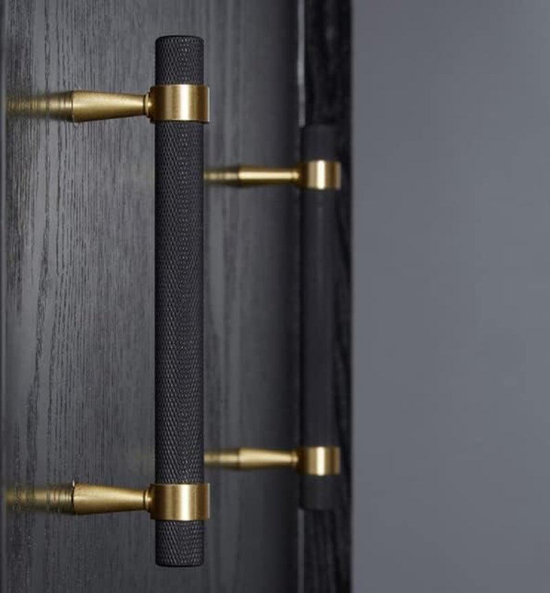 Set of 2 Solid Brass Cabinet Pulls 6.3 Inch (5 Inch Hole Centers) Gold Black Knurled Textured Cabinet Handles Brass Pulls for Dresser Door Drawer Hardware (2, Black Gold)