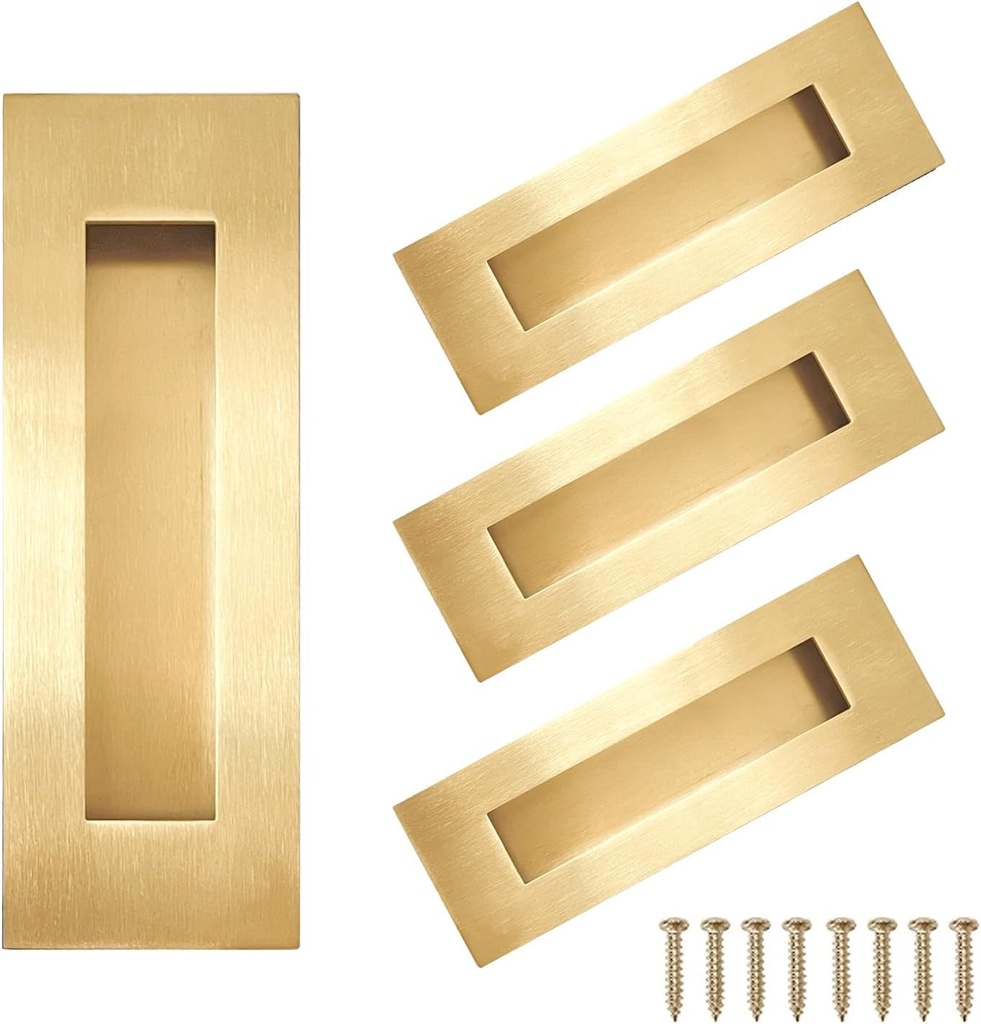 7In Recessed Finger Flush Pulls，Pocket Door Handles，For Sliding Barn Door Handle, Bifold Doors Stainless Steel Rectangular Door Pulls Hardware (7In Gold - 4 Pack)