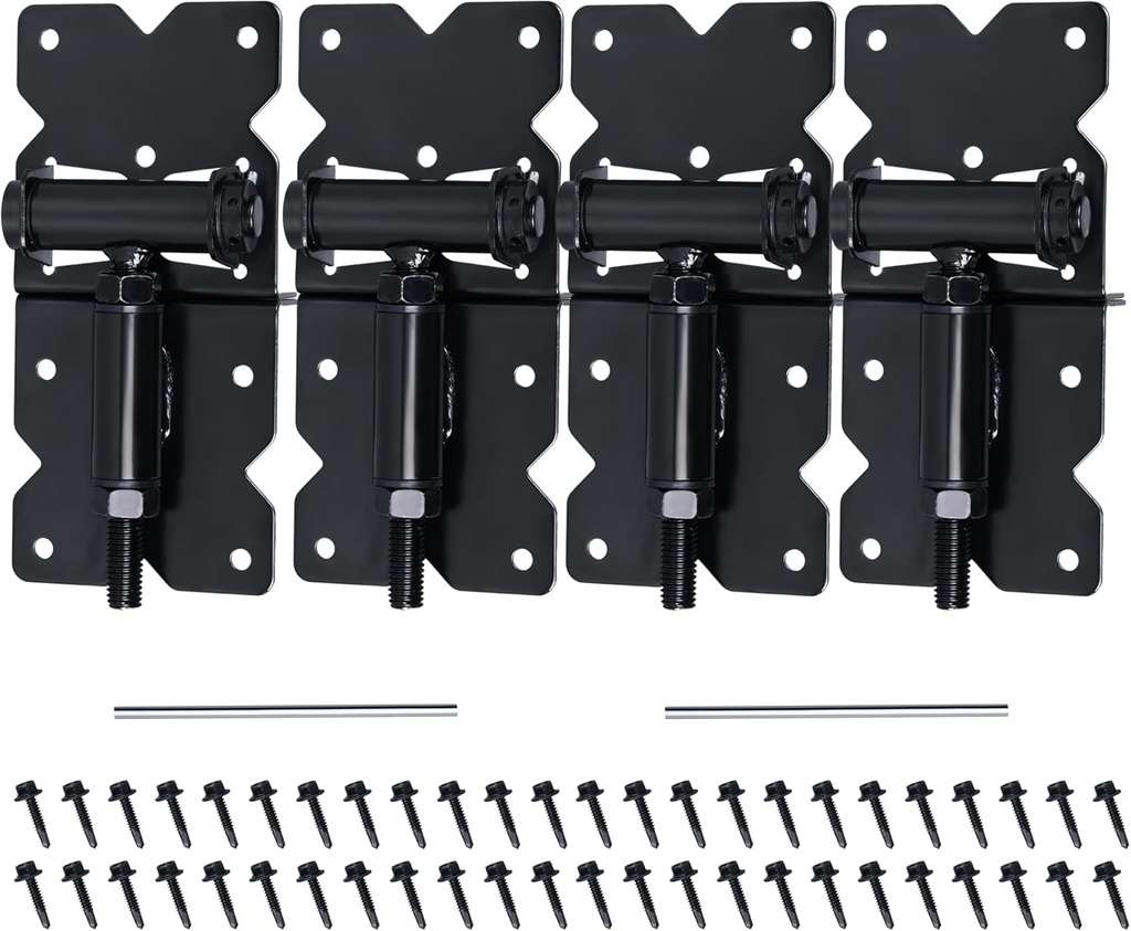 Black 90 Degree Adjustable Self Closing Hardware Hinges for Wooden/Vinyl/Pvc/Metal Fences,With Installation Screws and Swing Adjuster Tool, Heavy Duty Self Closing Gate Hardware Hinges, 4 Pack
