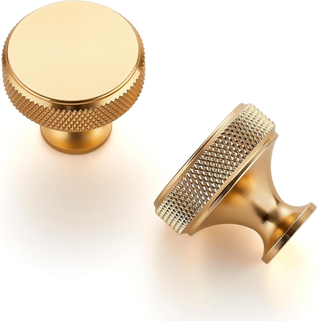 JOY DECOR 25 Pack Brushed Brass Kitchen Cabinet Hardware Knobs round Solid Knurled Handles Single Hole Drawer Knobs for Cabinet Furniture Champagne Gold Dresser Pulls