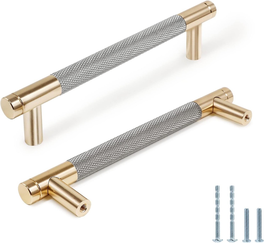 Knurled Cabinet Pulls 25 Pack, 6 Inch Long Cabinet Handles Cabinet Door Handle, Kitchen Drawer Pulls Metal Dresser Pulls Knurled Cabinet Hardware - 5" Hole to Hole, Grey & Gold