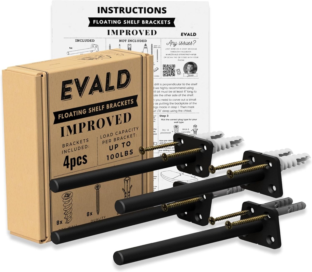 EVALD Hidden Floating Shelf Bracket | 6-Inch Heavy Duty Blind Shelf Support | Kitchen Shelf, Fireplace Mantel Bracket | Invisible Wall Mount Bracket for Home & Office | Floating Shelf Hardware 4 Pack
