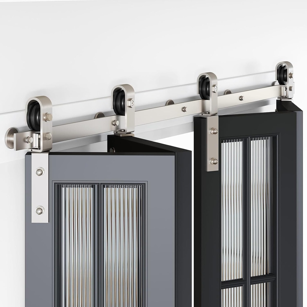 64" Brushed Nickel Bifold Sliding Barn Door Hardware Track Kit,Side Mounted Roller,Smoothly and Quietly,Assembly Easy,Fit Four 15" Bi-Folding Doors (Door Not Included)