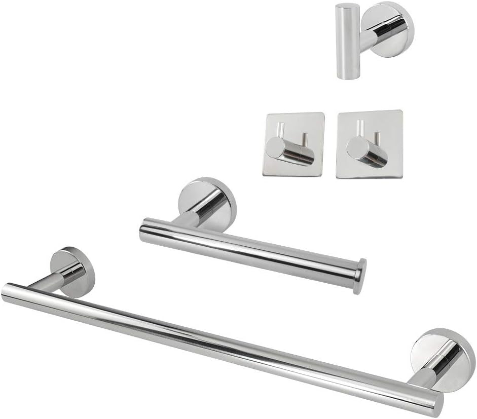 Tocten 5 PCS Bathroom Hardware Set SUS304 Stainless Steel-Towel Rack Set Include Lengthen Hand Towel Bar+Toilet Paper Holder+3 Robe Towel Hooks Bathroom Accessories Towel Bar Set(Polished Chrome,16In)