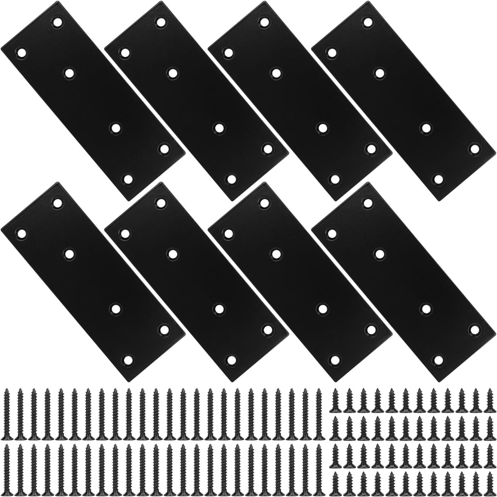 Mending Plate, Metal Steel Flat Straight Brace Bracket, Black Double-Wide Joining Plate for Wood Furniture Fastening & Fixing with 2 Sets of Screws of Different Lengths(48X128Mm, 8 Pack)