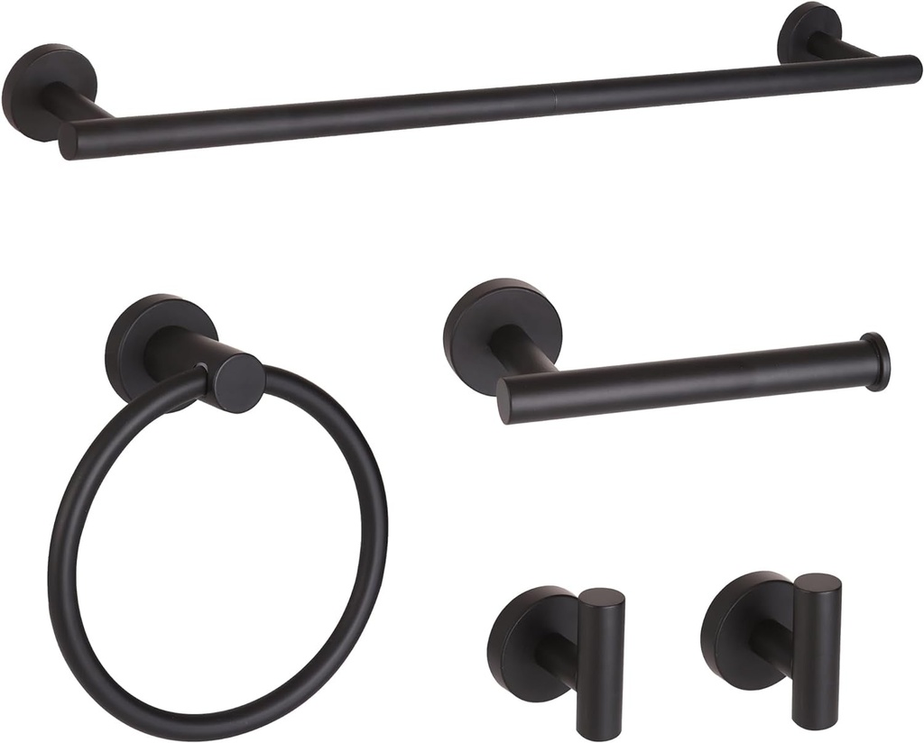Matte Black Bathroom Hardware Set, Modern 24-Inch Towel Bar Set Wall Mounted, Towel Rack Set Black,Stainless Steel Bathroom Accessories Set Black,5-Pieces