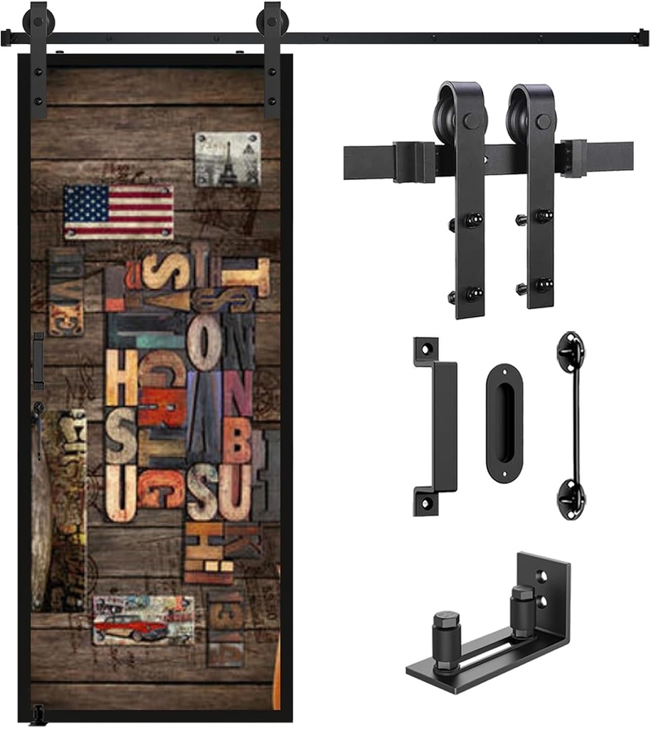 Barn Door Hardware Kit Heavy Duty Sliding Door Track Kit with Adjuestable Floor Guide and 2 Handles, Smoothly and Quietly Hardware Kits with Lock (J Shape Hanger) (6.6FT Single Kit)