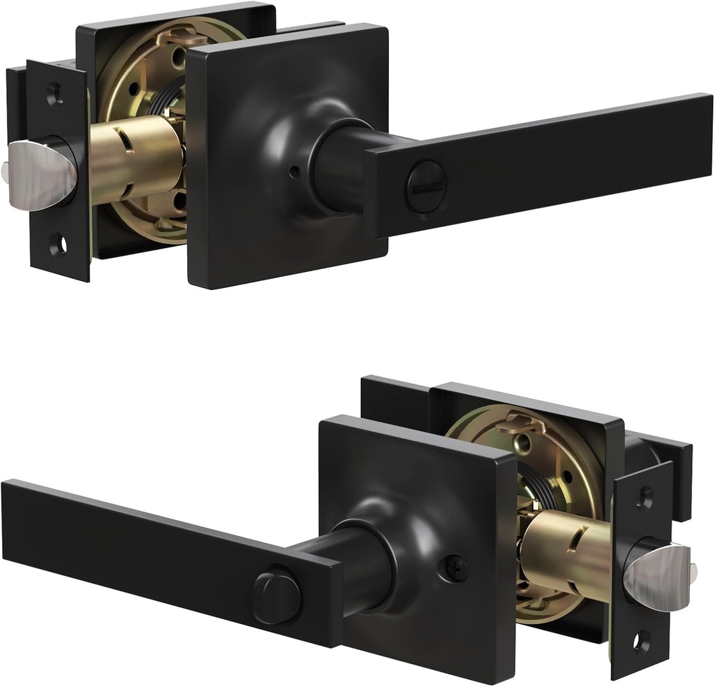 Door Handles Interior with Door Turn Lock - Privacy Heavy Duty Keyless Door Knobs, Black Reversible Square Door Levers for Bathroom, Bedroom, and Rooms (2 Pack, Matte Black)