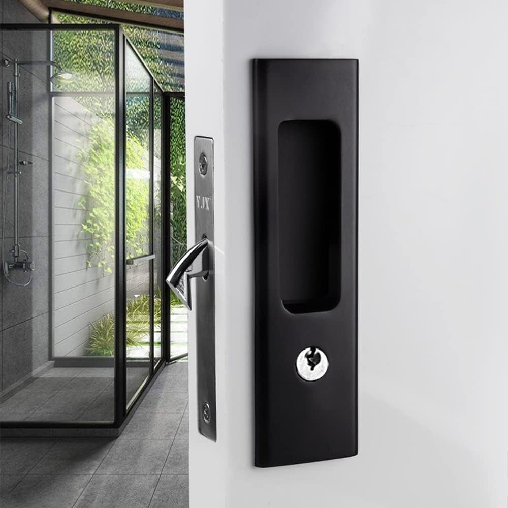 6.3” Privacy Pocket Door Lock Hardware,Invisible Door Lock Handle with Keys,Recessed Door Handle for Pocket Sliding Door Lock Furniture Hardware,Matte Black