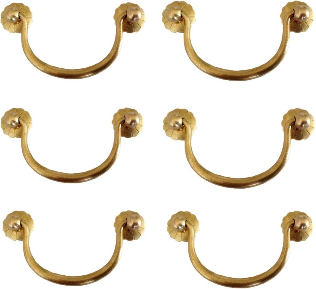 Txinmin 6 Pack Traditional Bail Cabinet Hardware Handle Pull Antique Brass Drawer Pull, 3-6/7 Inch Hole Centers (98Mm), Gold Brass Tone
