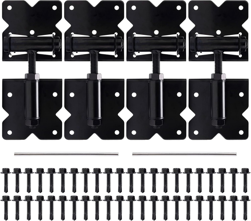 Self Closing Gate Hardware Hinges Heavy Duty for Wooden/Vinyl/Pvc Fences,90 Degree Adjustable, with Installation Screws and Swing Adjuster Tool,4 Pack/Set,Black