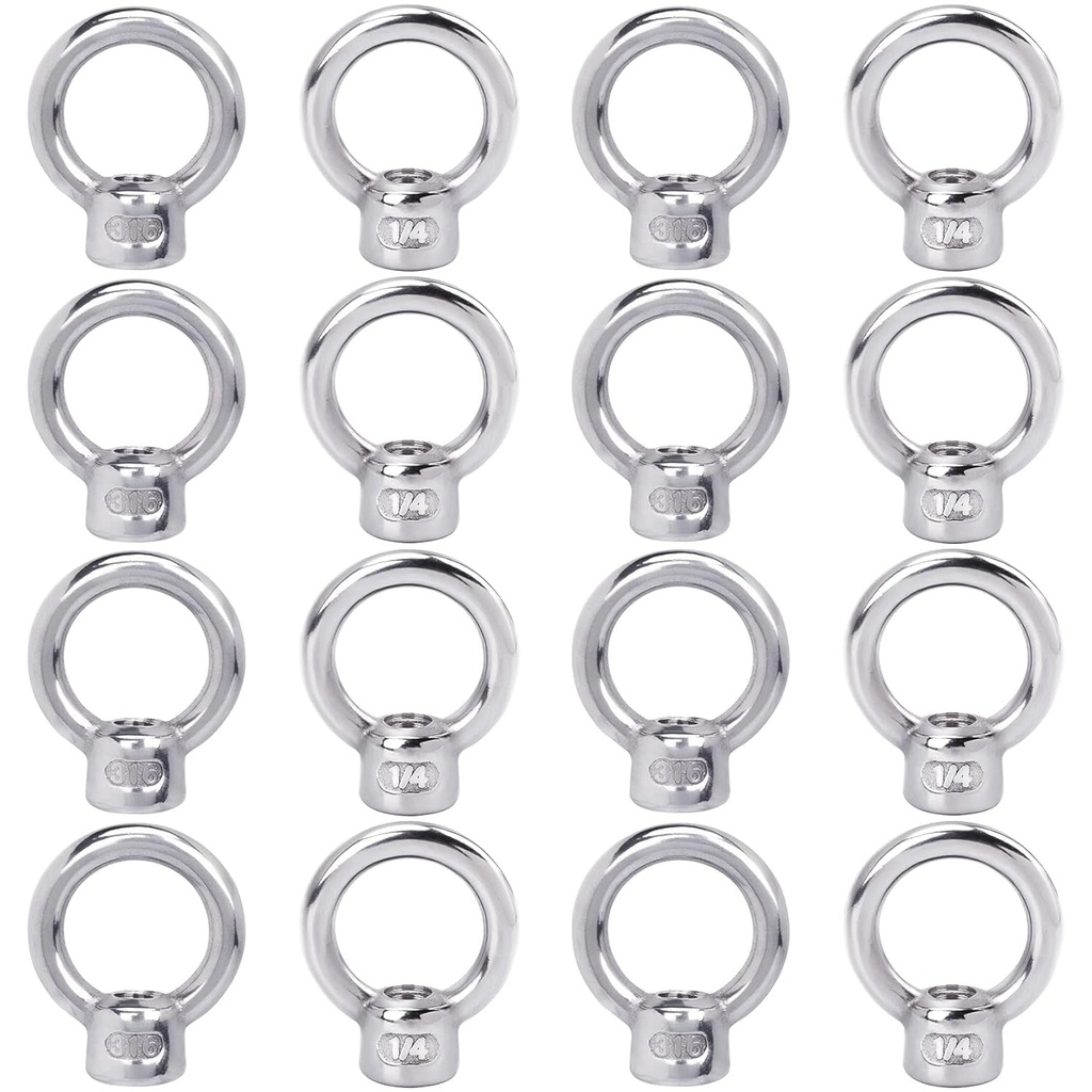 PAGOW 16 Pieces Stainless Steel 316 Lifting Eye Nut, 1/4" UNC Heavy Duty Marine Grade, Hardware Ring Shaped Eye Bolt