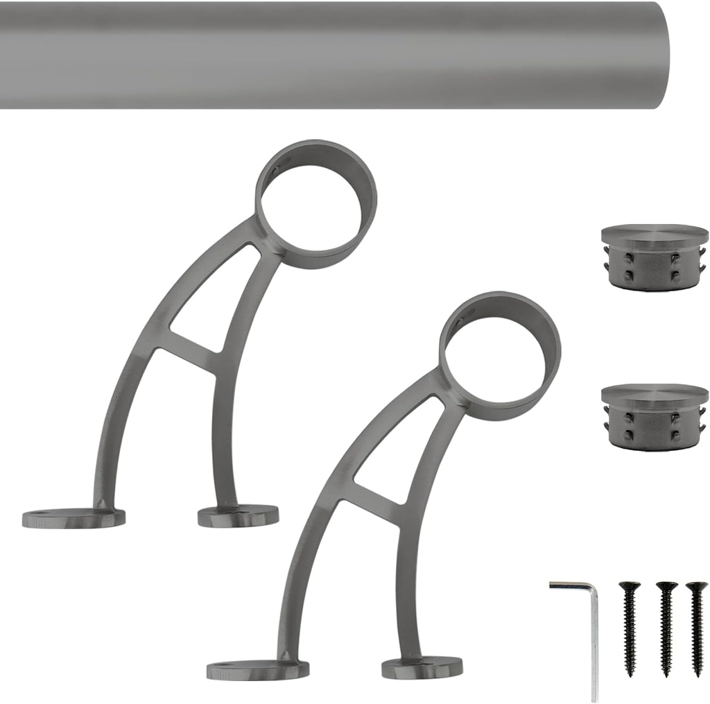 Wall Mount Foot Rail Kit, Titanium Black (Dark Gray) Finish Stainless Steel Tubing W/Internal Connector, Bar Foot Rail Brackets (Flat End Cap, 2 Ft (24 in X 1))