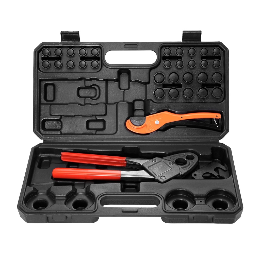 SKYSHALO PEX Pipe Crimping Tool, Angle Dual Head Combo PEX Crimper for 1/2" and 3/4" Copper Crimp Rings, 30 Copper Crimp Rings, PEX Tubing Cutter, Go/No-Go Gauge, Meets ASTM F1807 Standards
