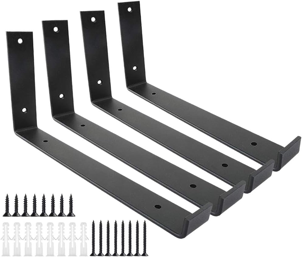 Shelf Brackets 12 Inch 4PCS Heavy Duty Frosted Black Wall Bracket with Lip for Floating Shelves Rustic Iron Metal Shelf Bracket for DIY Open Shelving Hardware Included