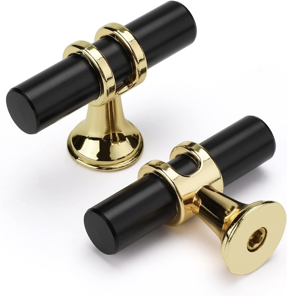 LONTAN 10 Pack Cabinet Knobs, Black&Gold Cabinet Knobs Kitchen Cabinet Knobs Kitchen Hardware Knob, Single Hole Knob T Bar Knob for Cabinet
