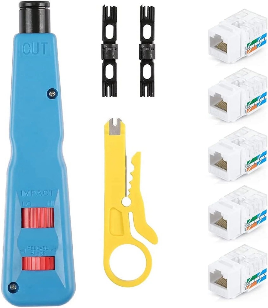 Hiija Punch down Tool with 110 and Krone Blade, 5-Pack RJ45 Cat6 Keystone Jack, Mini Wire Stripper Tool