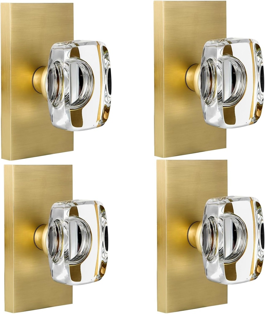 Glass Crystal Dummy Door Knob Interior, Hall and Closet Dummy Door Knob Clear Non-Turning Single Side Inactive 4 Pack, Satin Brass