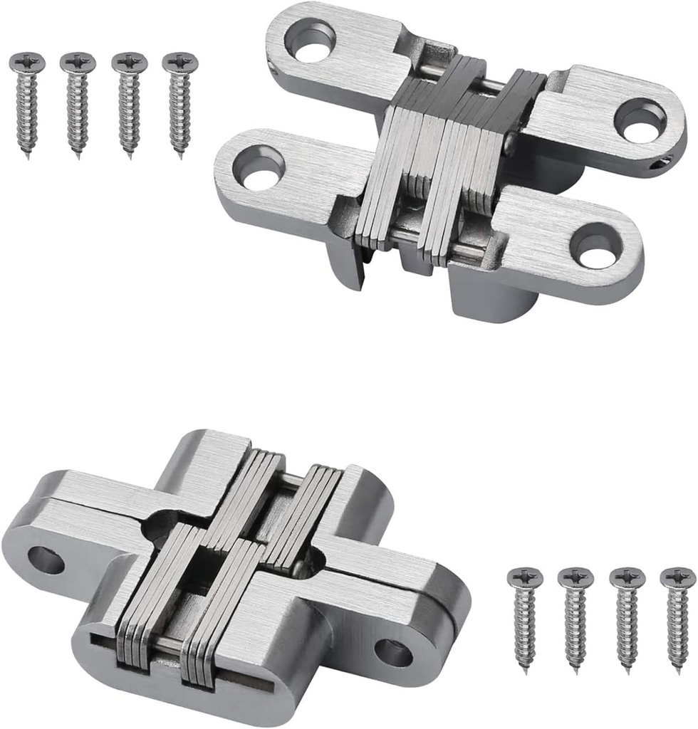 2 Pack 1.1 * 4.65 in Hidden Hinge Invisible Concealed Cross Hinges 180 Degree Folding Door Cross Zinc Alloy Hidden Hinges Swing Invisible Hinge for Cabinet, Cupboard,Wooden Box,With Screws-S5