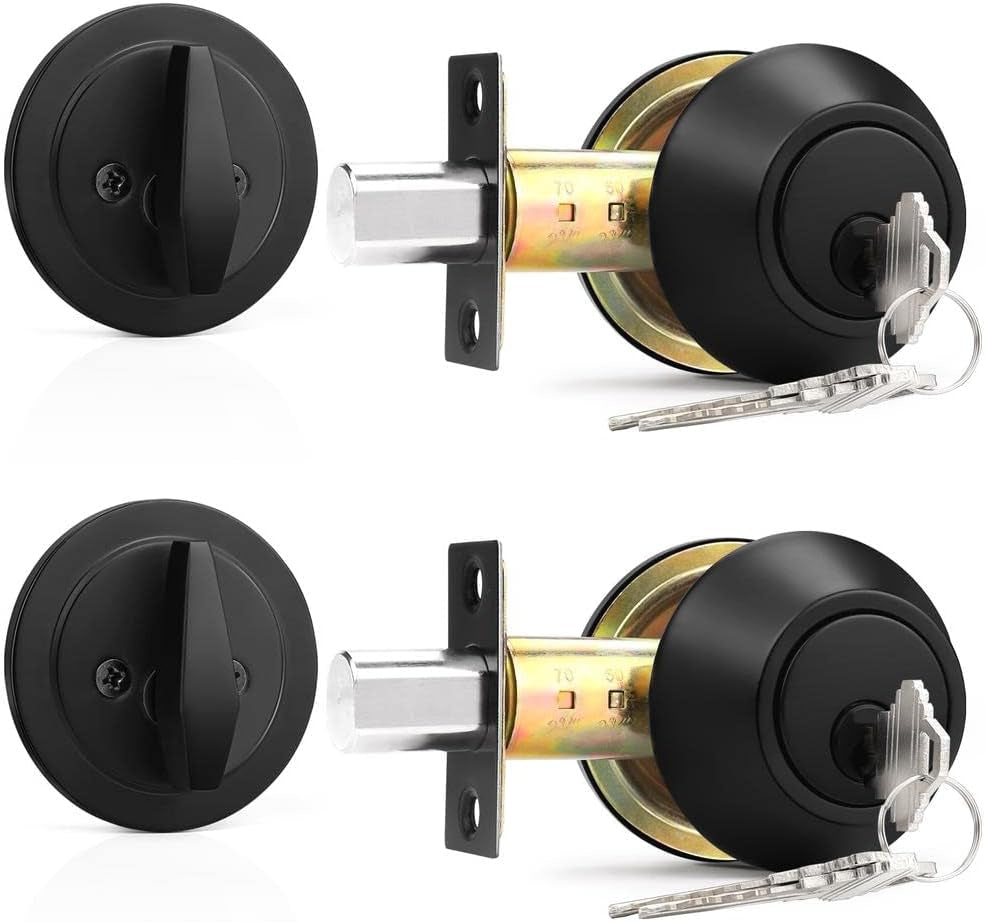 Probrico Single Cylinder Deadbolts Flat Black with Different Keys, Keyway Keys Handleset, 3 Keys Interior& Exterior Door Hardware (For Entrance Lock and Front Gate), 2 Pack