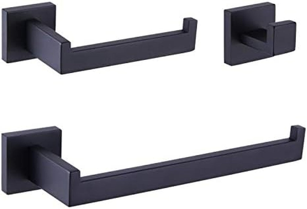 BEIGEEWY 3-Pieces Set Matte Black Bathroom Hardware Set SUS304 Stainless Steel Wall Mounted - Includes Towel Ring, Toilet Paper Holder, Robe Towel Hooks