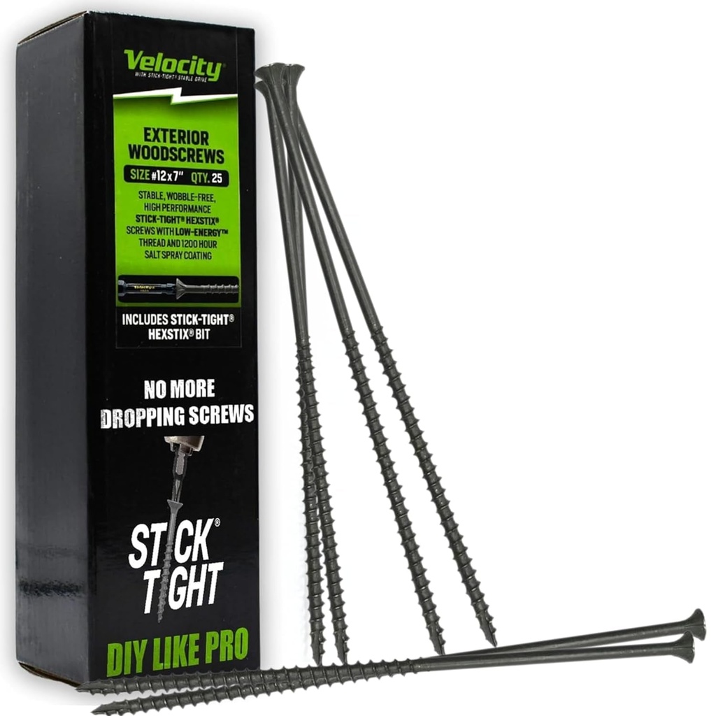 Velocity Long Length Exterior 7 Inch Wood Screws - T25 Torx Bits (Size #12) – Rust Resistant Long Wood Screw Set with Sticktight Hexstix Driver Bit, Long Screws for Wood and Retaining Wall (25 Count)