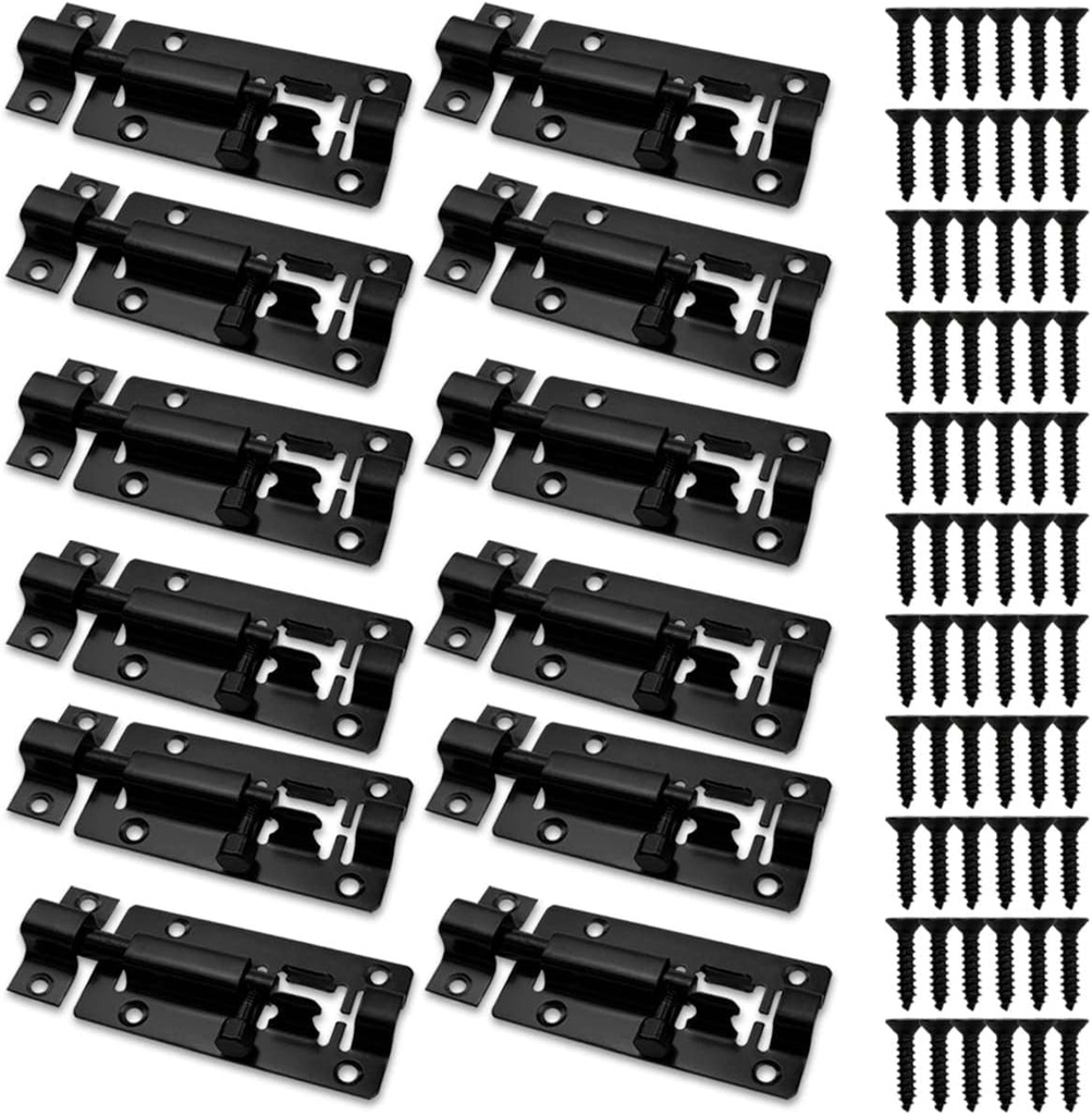 SANATO Slide Barrel Bolt Latch 3 Inches Sliding Latch Lock, Stainless Steel Sliding Lock for Door Security Black (12 PCS)