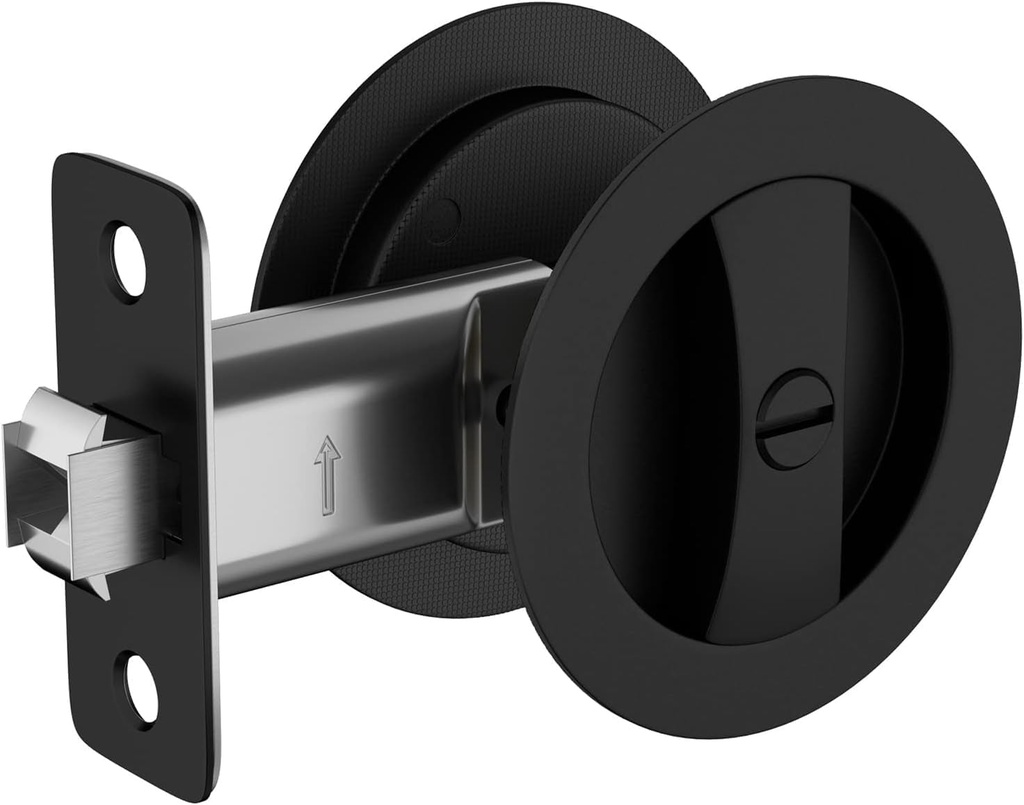 Goldenwarm Bed/Bath Pocket Door Lock, Matte Black Contemporary Privacy round Pocket Door Hardware, Flush Pocket Door Lock Black(Recessed 2 Sided), 2-3/8" Backset