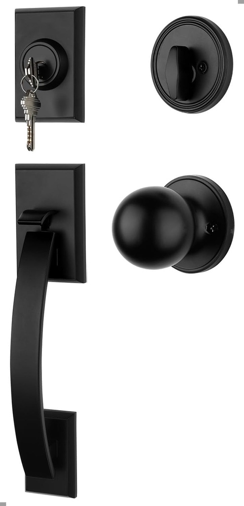 Goldenwarm Front Door Handle and Deadbolt Set, Black Front Door Lock Set with Reversible Knob Handle, Modern Front Door Hardware, Single Cylinder Front Door Entry Lock, Front Door Handles and Locks