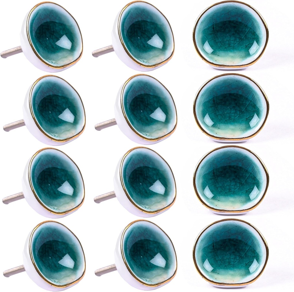 Set of 12 Cabinet Knobs Ceramic Drawer Pull Kitchen Cupboard Pull Dresser Door Handle Dia. 2.0" White round Ceramic Cabinet and Furniture Knobs Pulls Chrome Finished Base Drawer Pulls - Teal/White